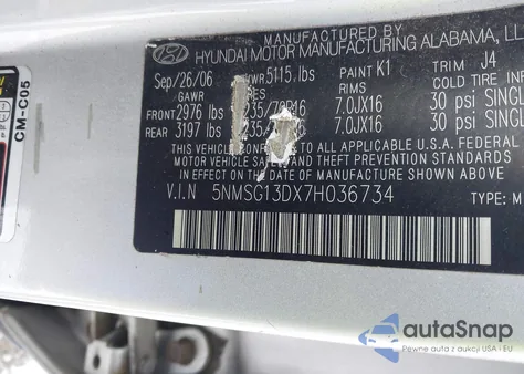 2007 Hyundai Santa Fe Gls z USA, uszkodzony, nr VIN 5NMSG13DX7H036734